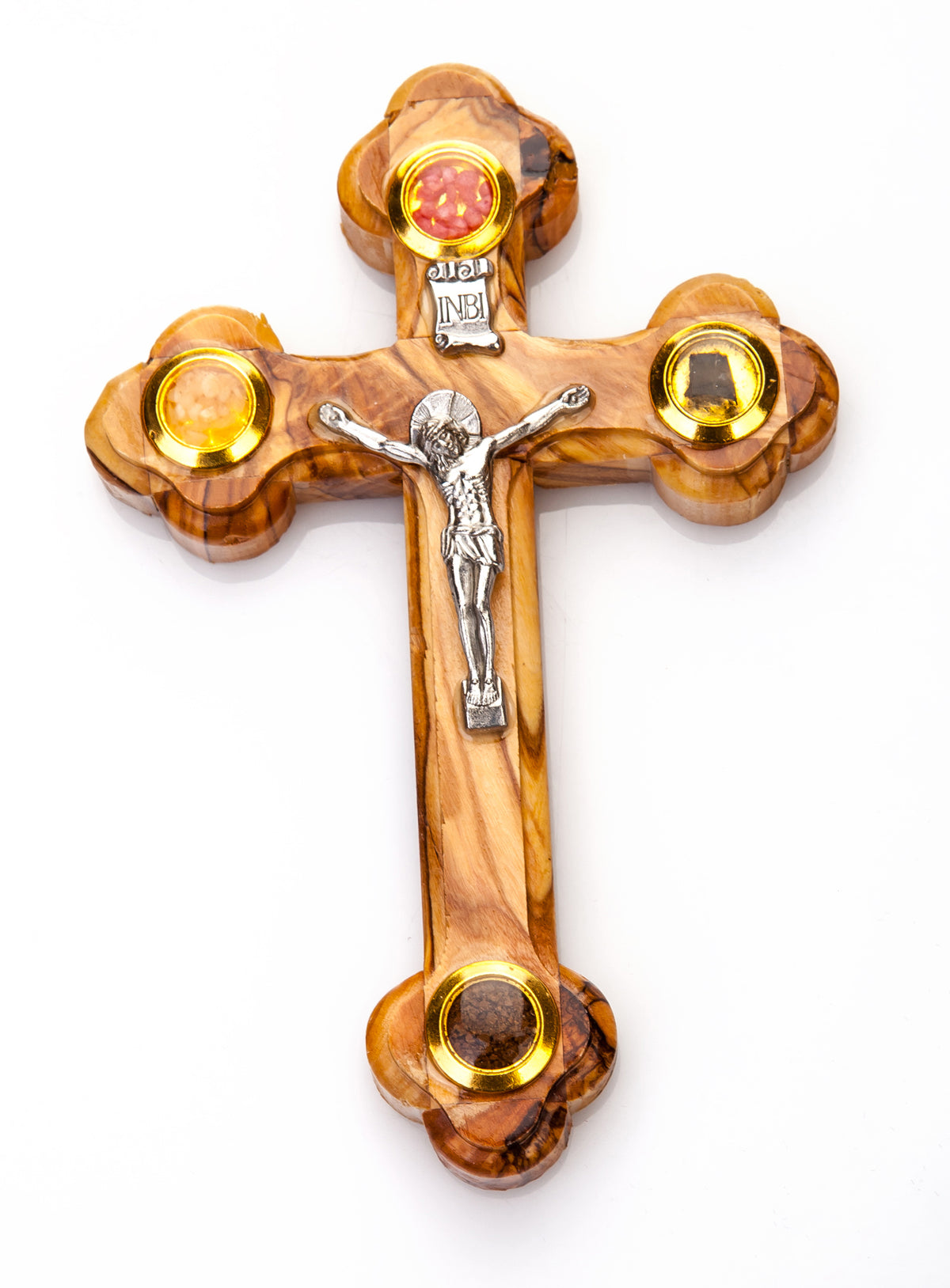Olive Wood Crucifix Wall Cross adorned with olive leaves, frankincense, flowers and stones from Jerusalem Hand Crafted by Artisans in Bethlehem - 5 inches Height | Lion of Judah Market