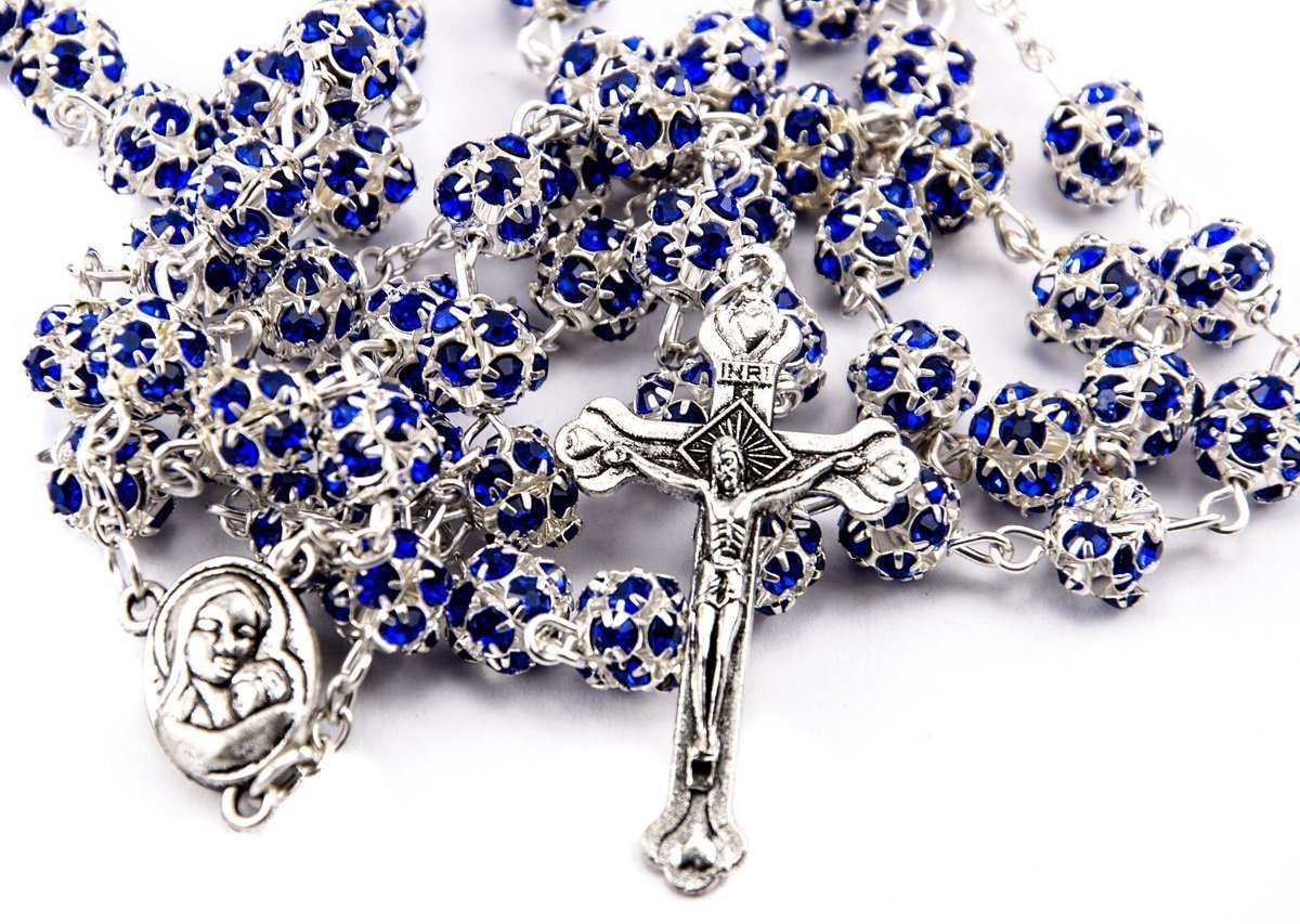 Blue Zircon Crystals Beads Rosary Catholic Necklace Holy Soil Medal & Crucifix