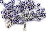 Blue Zircon Crystals Beads Rosary Catholic Necklace Holy Soil Medal & Crucifix