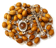 LION OF JUDAH MARKET Blessed Catholic Rosary Necklace Olive Wood Oval Beads with Jerusalem Soil & Cross Crucifix in Gift Box
