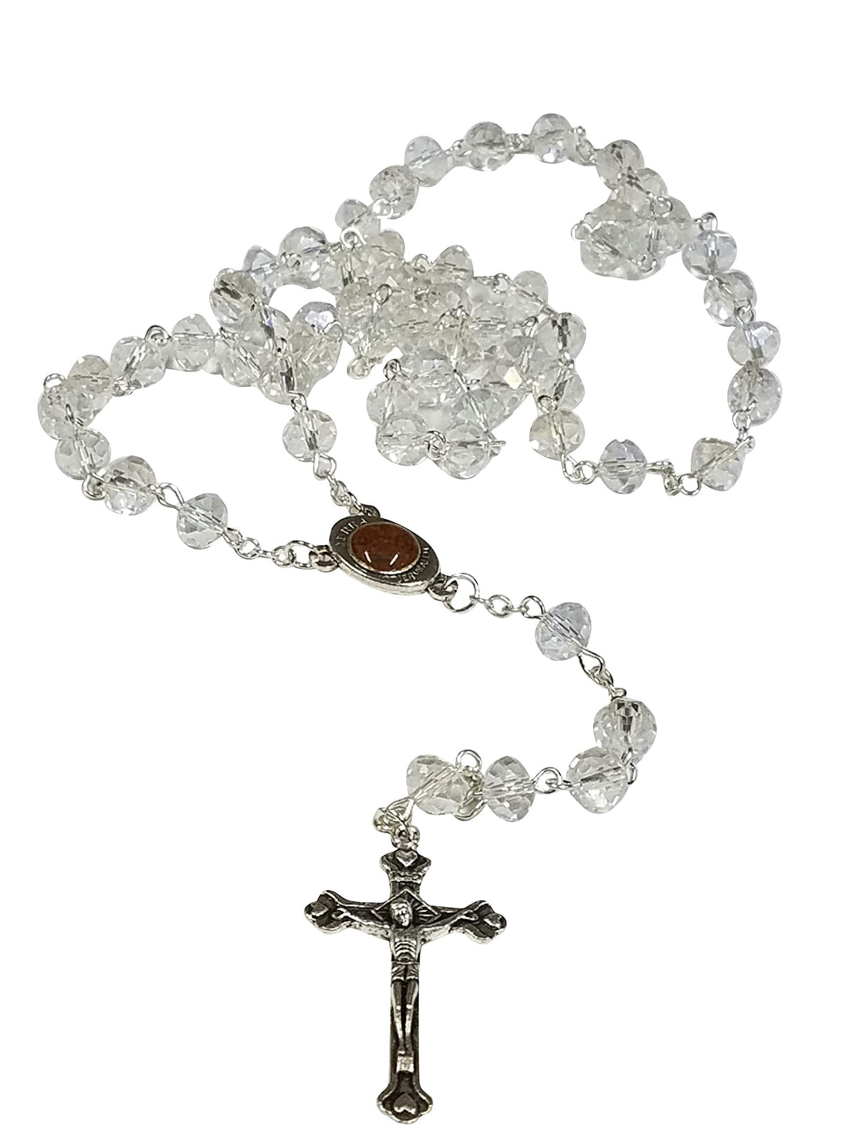 LION OF JUDAH MARKET Silver Plated Necklace Rosary Crystal Clear Glass Beads & Jesus Crucifix and Jerusalem Cross Accessory