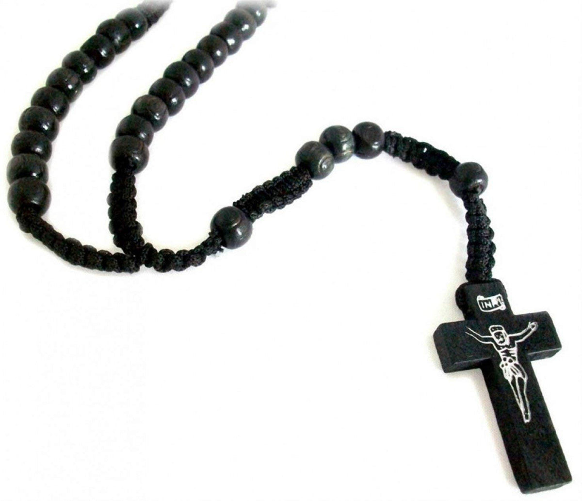 LION OF JUDAH MARKET Handcrafted Wood Nazareth Catholic Cord Rosary Beads Jesus Imprint Crucifix (Black)