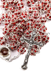 X8 Zircon Crystals Beads Rosary Catholic Necklace Holy Soil Medal & Cross (Red)