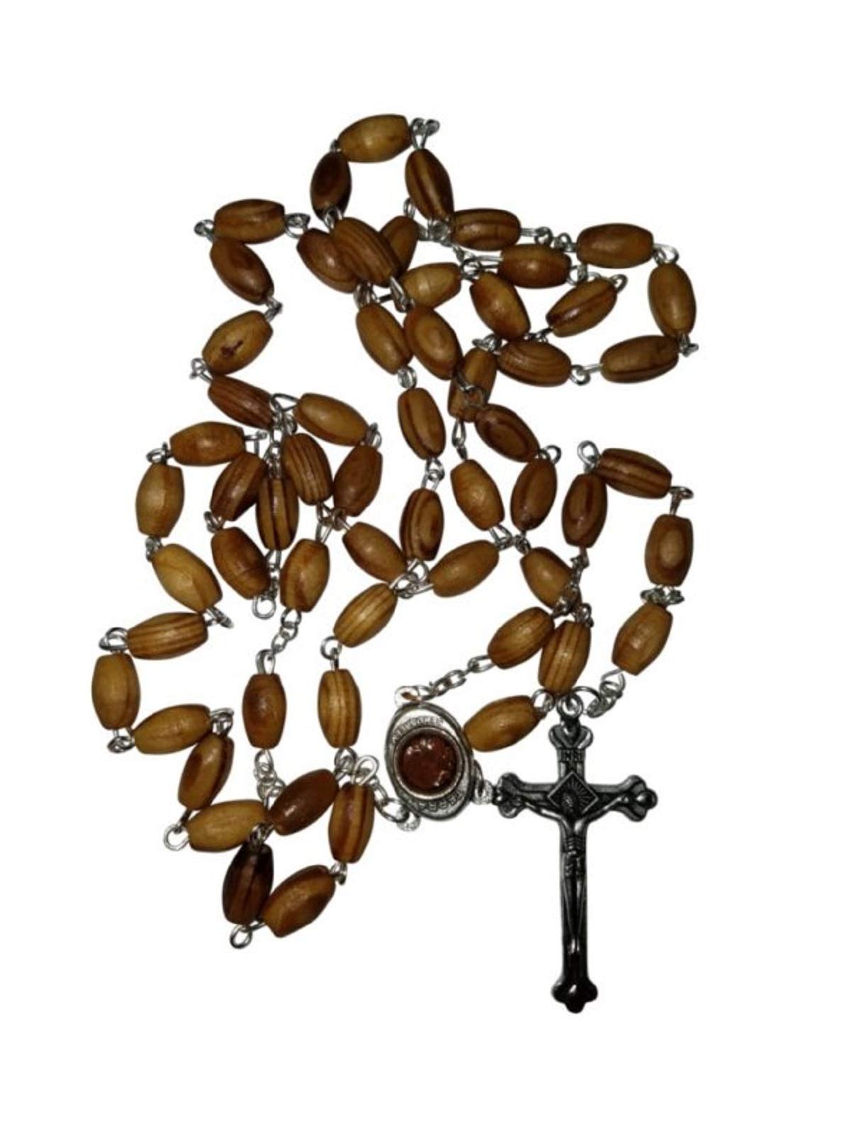 Handcarved Olive Wood Rosary Beads with Holy Land Earth Soil and Silver Plated Crucifix