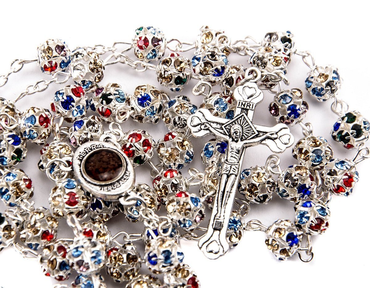Colorful Zircon Crystals Beads Rosary Catholic Necklace Holy Soil Medal & Cross