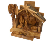 Olive Wood Nativity Set with Figurines, Bark Roof Stable Made in Bethlehem - Lion of Judah Market
