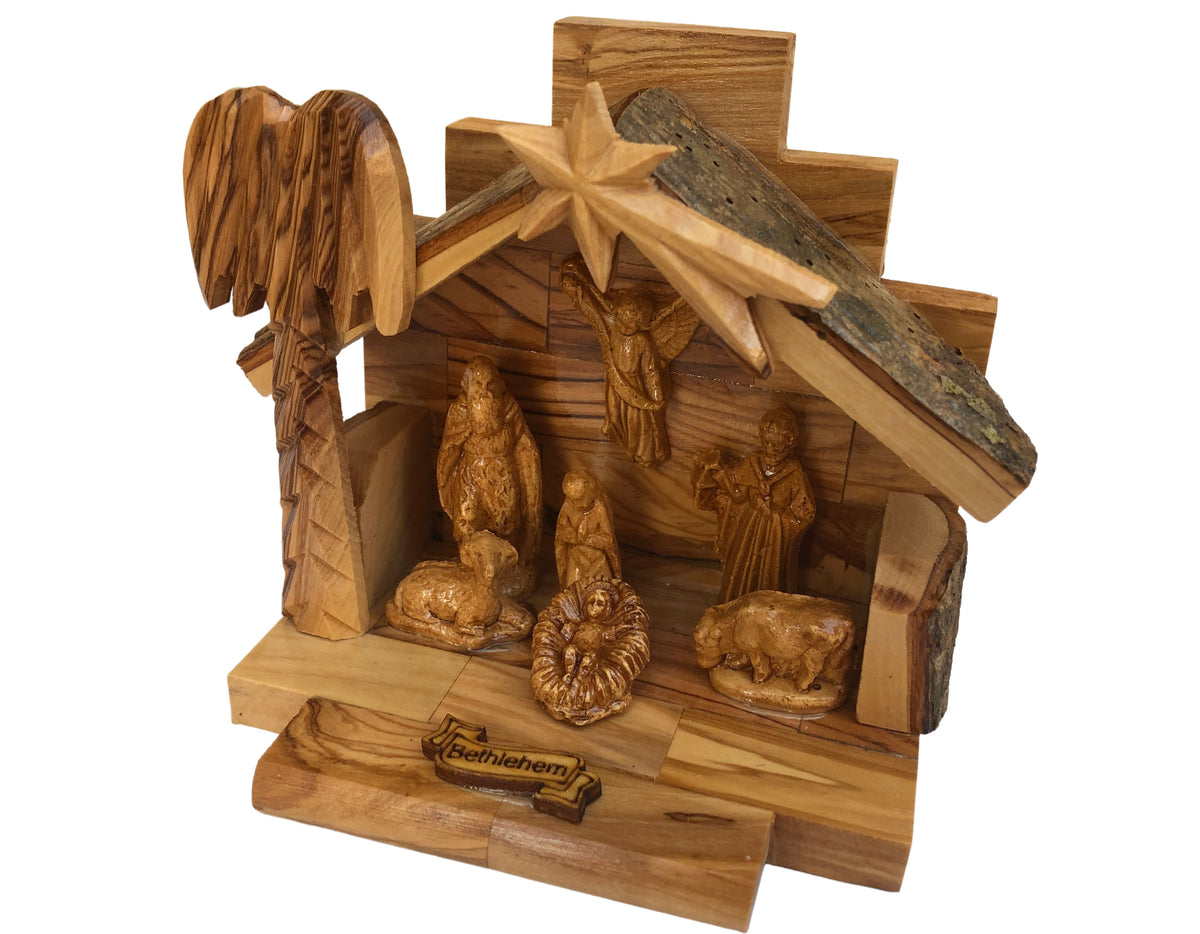 Olive Wood Nativity Set with Figurines, Bark Roof Stable Made in Bethlehem - Lion of Judah Market