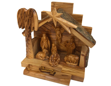 Olive Wood Nativity Set with Figurines, Bark Roof Stable Made in Bethlehem - Lion of Judah Market