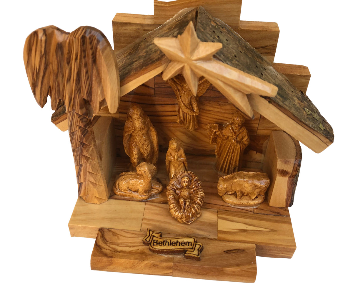 Olive Wood Nativity Set with Figurines, Bark Roof Stable Made in Bethlehem - Lion of Judah Market