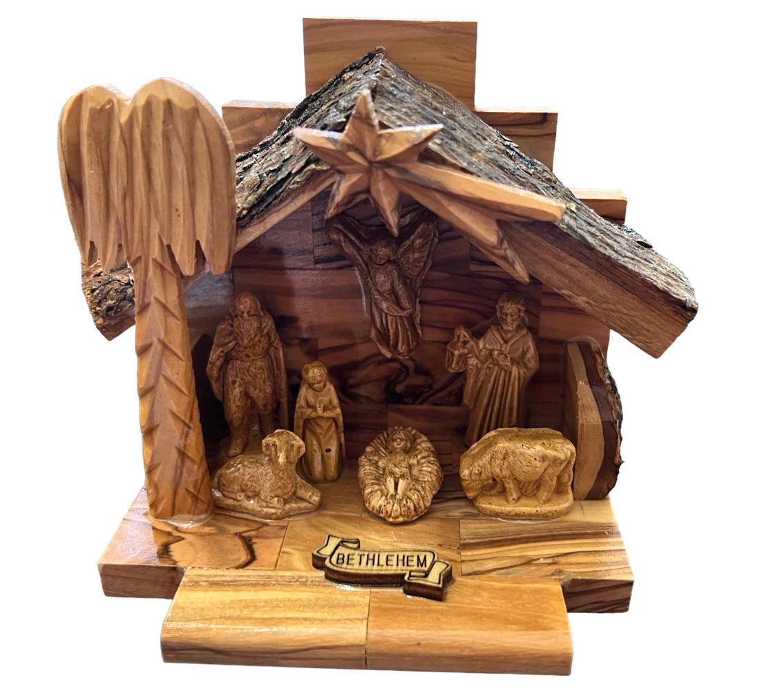 Olive Wood Nativity Set with Figurines, Bark Roof Stable Made in Bethlehem - Lion of Judah Market