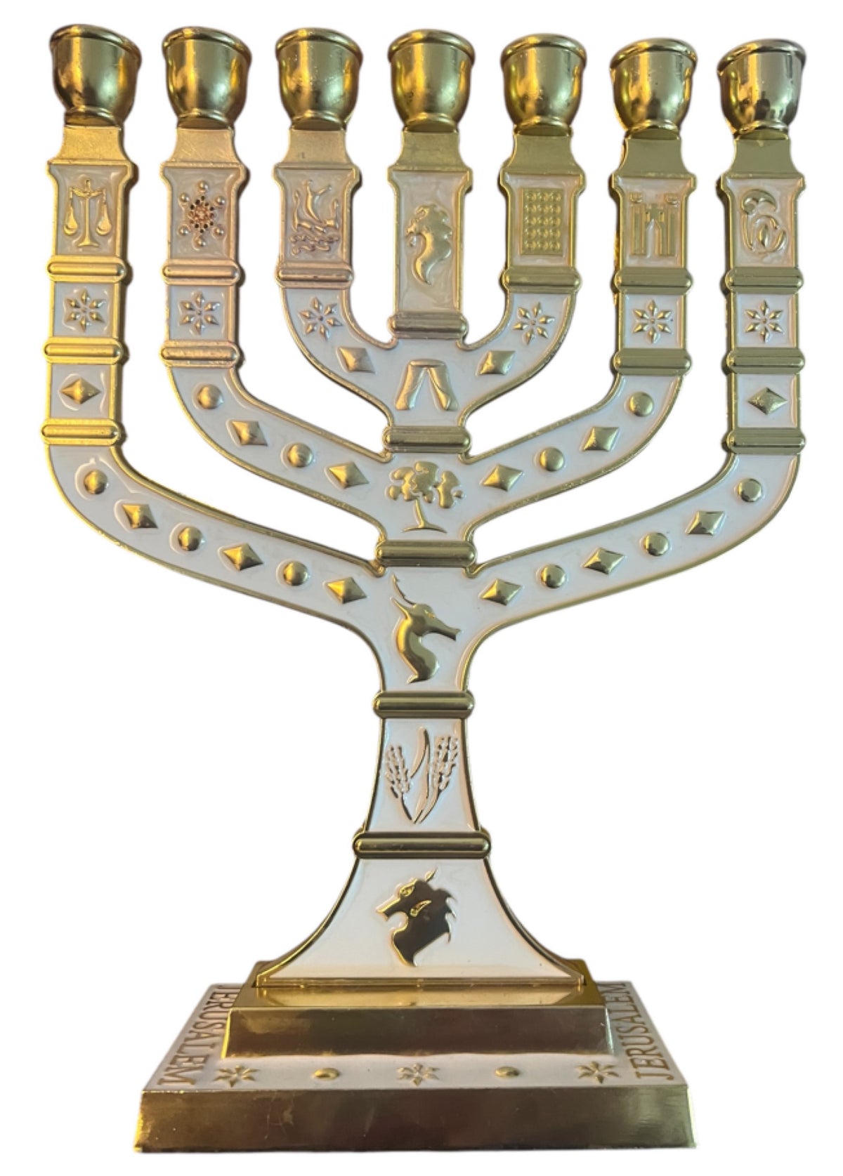 Large White Enamel Menorah 10" - Lion of Judah Market