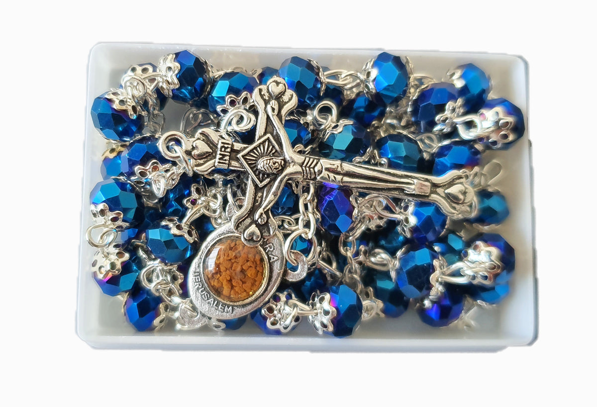 Deep Blue Glass Crystal Beads Rosary Necklace Holy Soil Medal Silver Plated New in Box - Lion of Judah Market