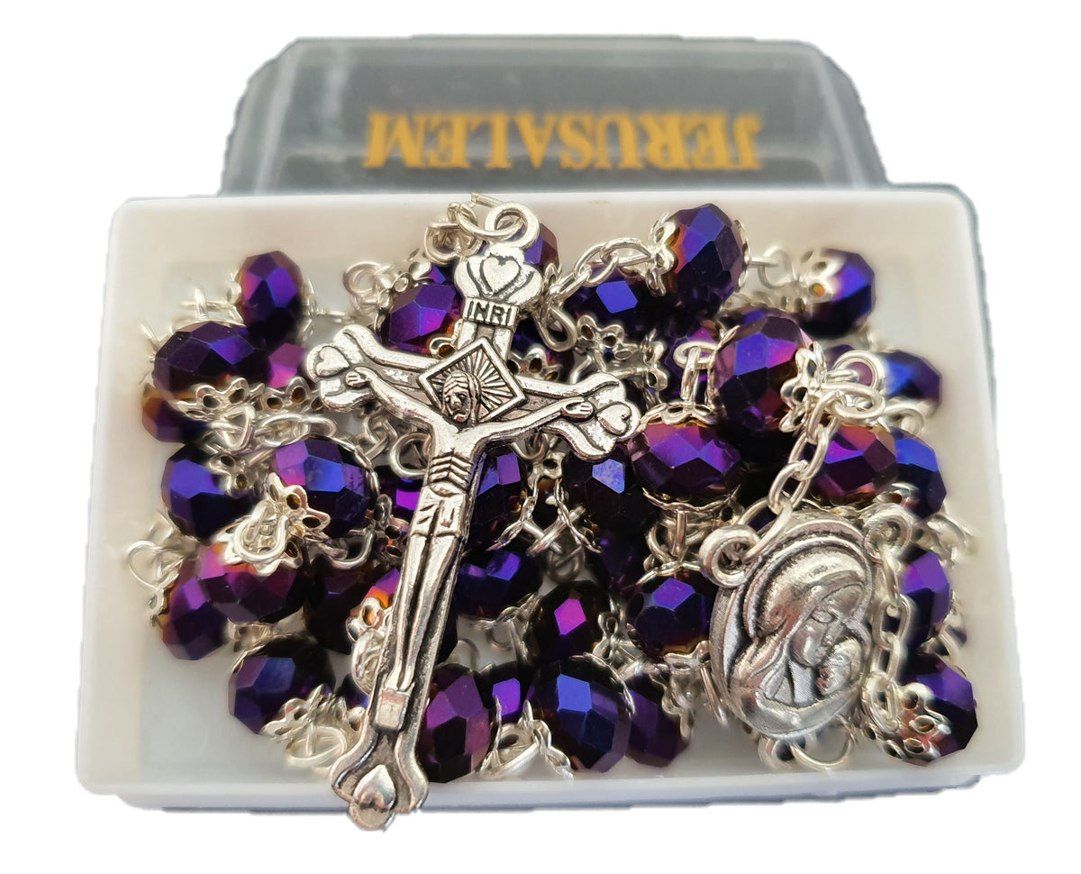 Glass Crystal Beads Catholic Jerusalem Soil Rosary - Deep Purple - Lion of Judah Market