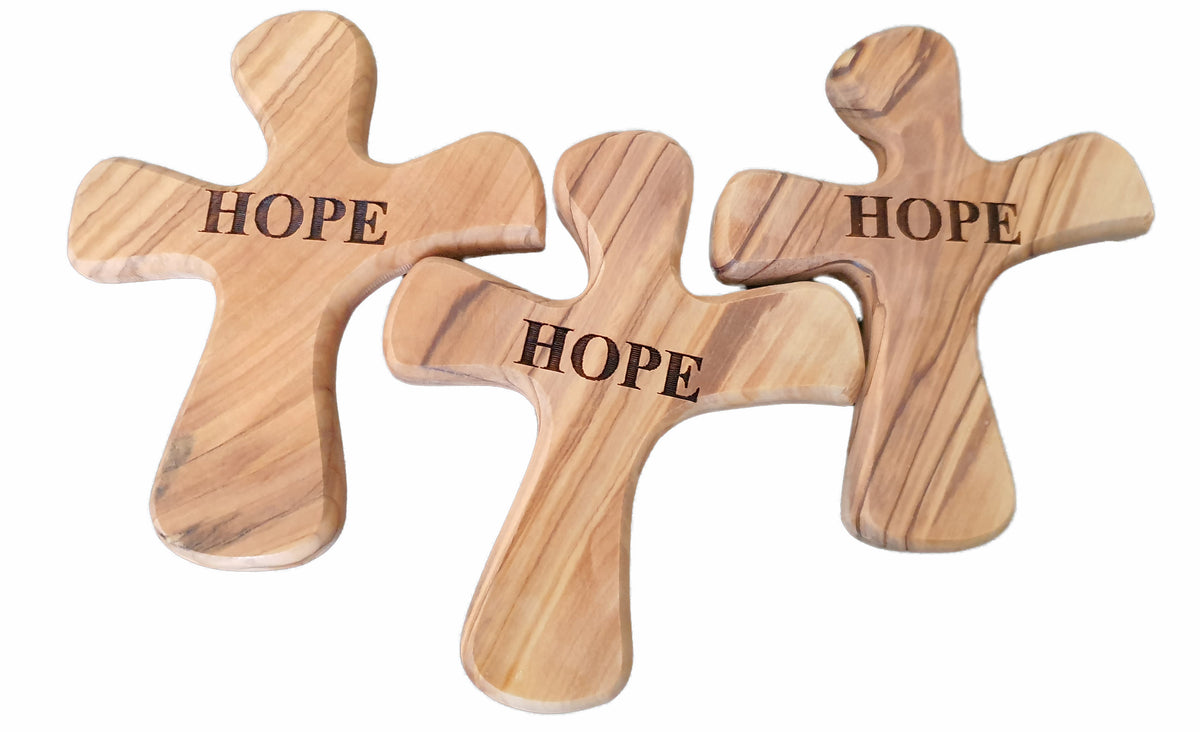 Olive wood 'HOPE' Comfort Cross 4.25" - Lion of Judah Market