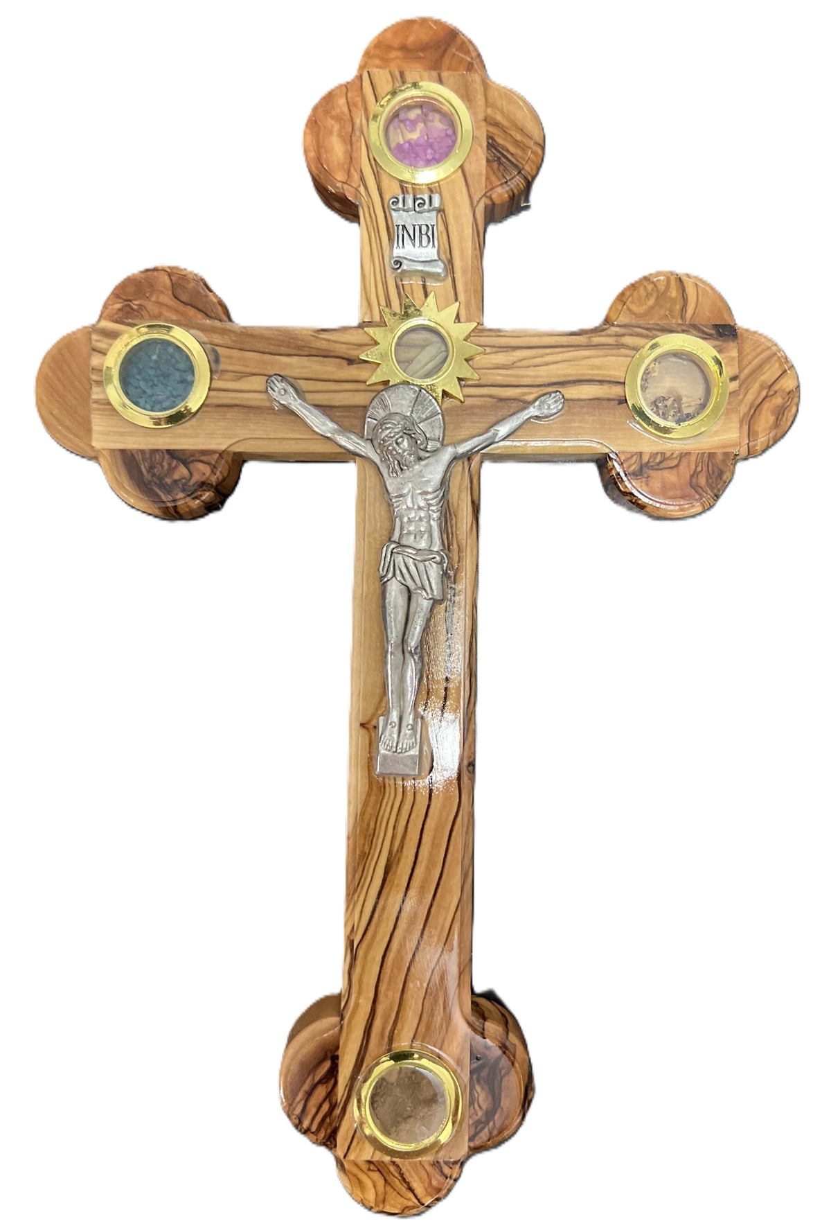 Olive Wood Crucifix Wall Cross adorned with olive leaves, frankincense, flowers and stones from Jerusalem Hand Crafted by Artisans in Bethlehem - 11 inches Height | Lion of Judah Market