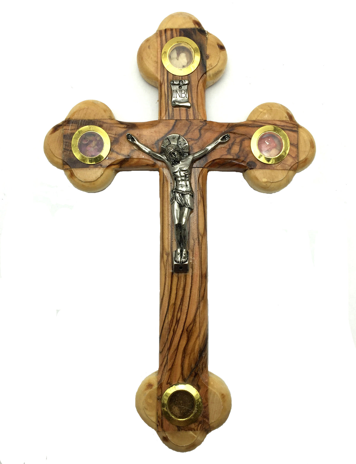 Olive Wood Crucifix Wall Cross adorned with olive leaves, frankincense, flowers and stones from Jerusalem Hand Crafted by Artisans in Bethlehem - 9 inches Height | Lion of Judah Market
