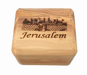 Hand Carved Olive Wood Jerusalem Skyline View Rosary Box - Lion of Judah Market