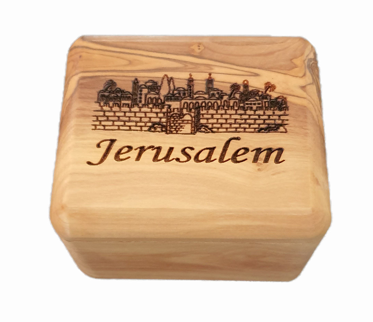 Hand Carved Olive Wood Jerusalem Skyline View Rosary Box - Lion of Judah Market