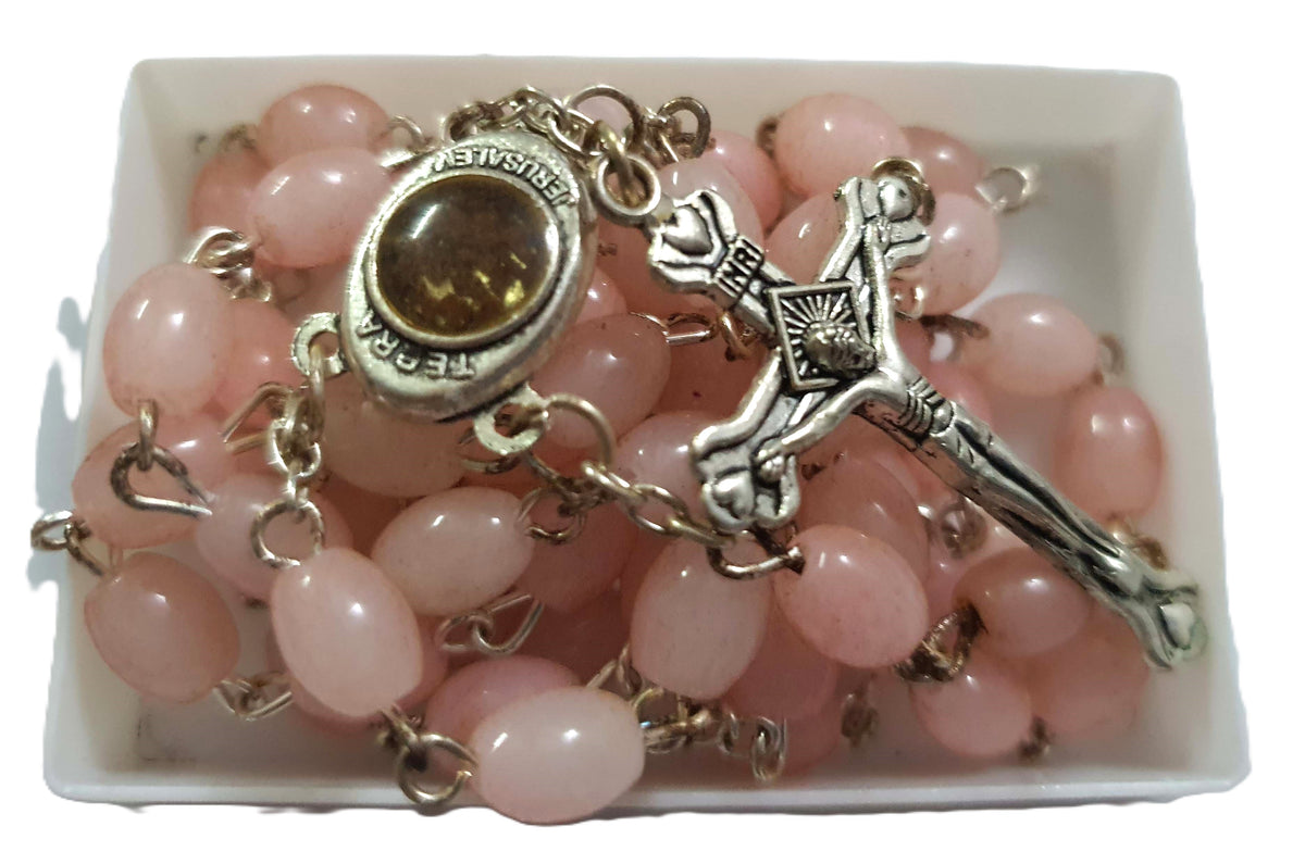 Oval Beads Catholic Jerusalem Soil Rosary - Pink - Lion of Judah Market