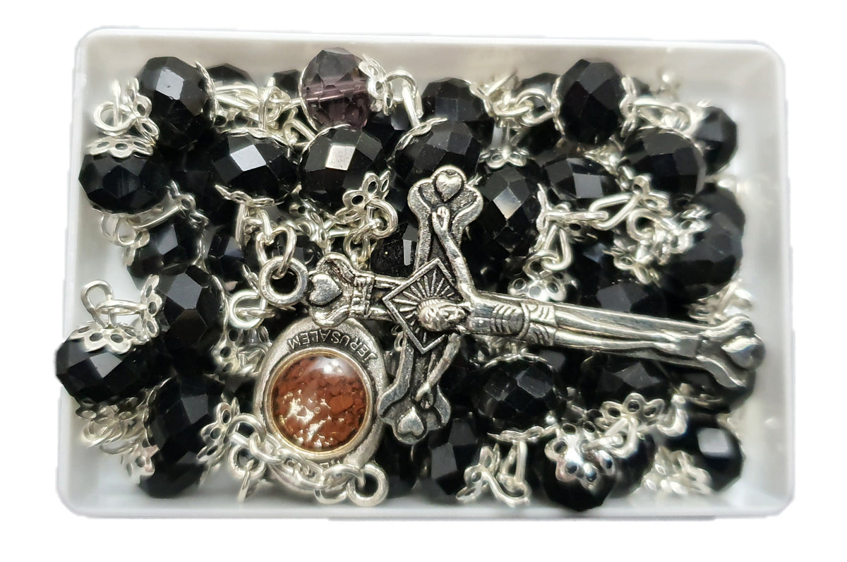 Glass Crystal Beads Catholic Jerusalem Soil Rosary - Black - Lion of Judah Market