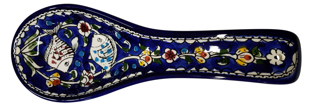 Traditional Jerusalem Ceramic Spoon Rest Blue Fishes - Lion of Judah Market