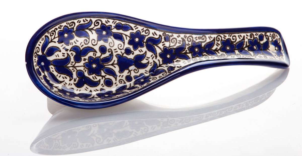 Traditional Jerusalem Ceramic Spoon Rest Blue Flowers - Lion of Judah Market