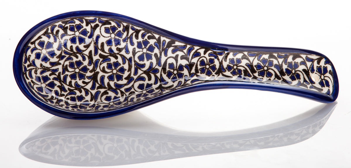 Traditional Jerusalem Ceramic Spoon Rest Blue and Black Flowers - Lion of Judah Market