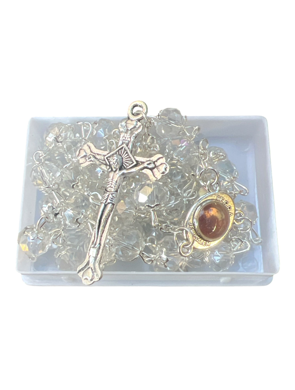 Glass Crystal Beads Catholic Jerusalem Soil Rosary - Clear - Lion of Judah Market