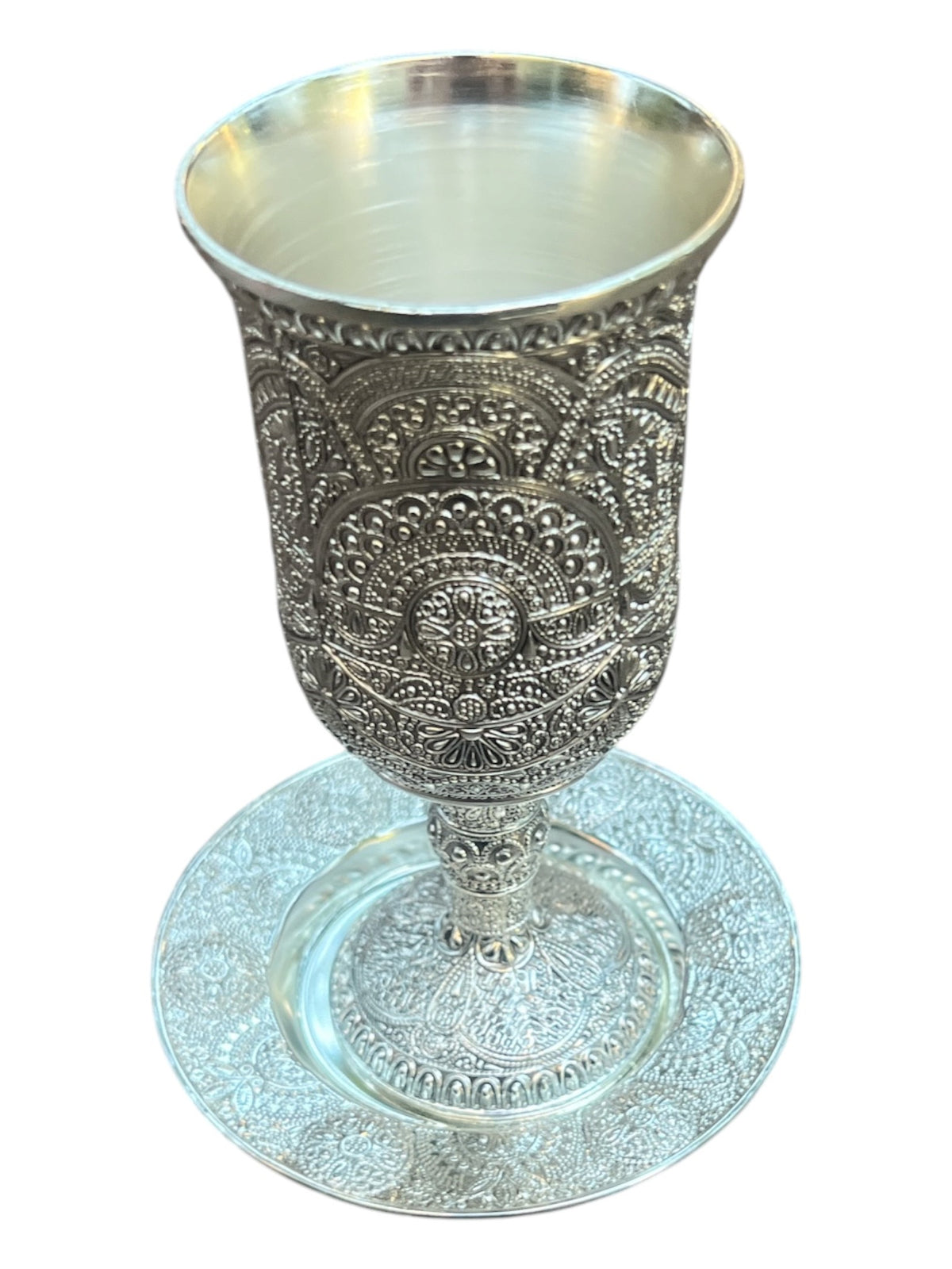 Silver Plated Shabbat Kiddush Filigree Metal Cup 6" with Tray | Lion of Judah Market