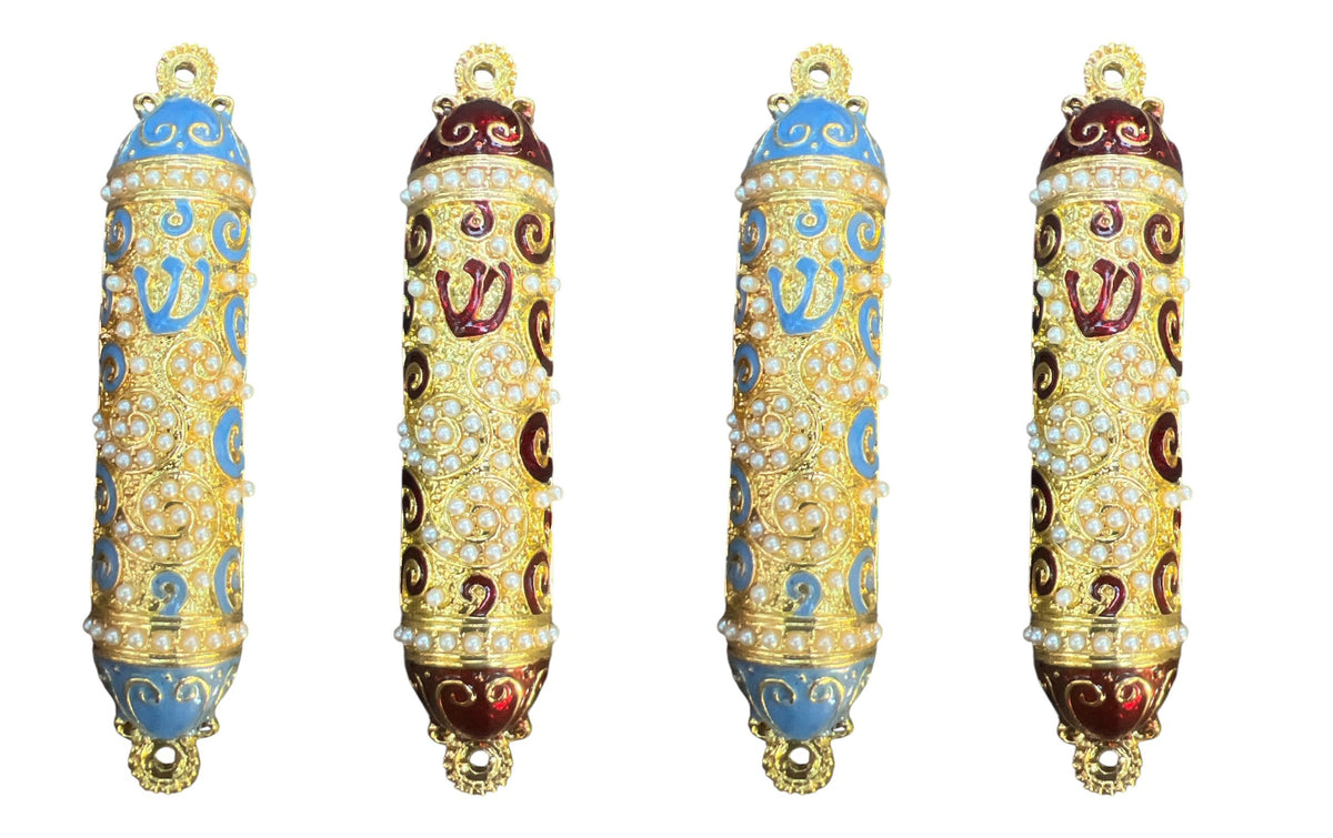 Set of 4 Enamel Mezuzahs 4" Blue x 2 and Red x 2 | Lion of Judah Market