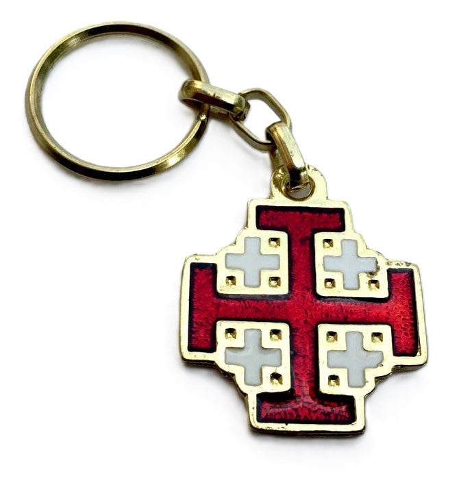 Red and White Enamel Jerusalem Cross Keychain - Lion of Judah Market