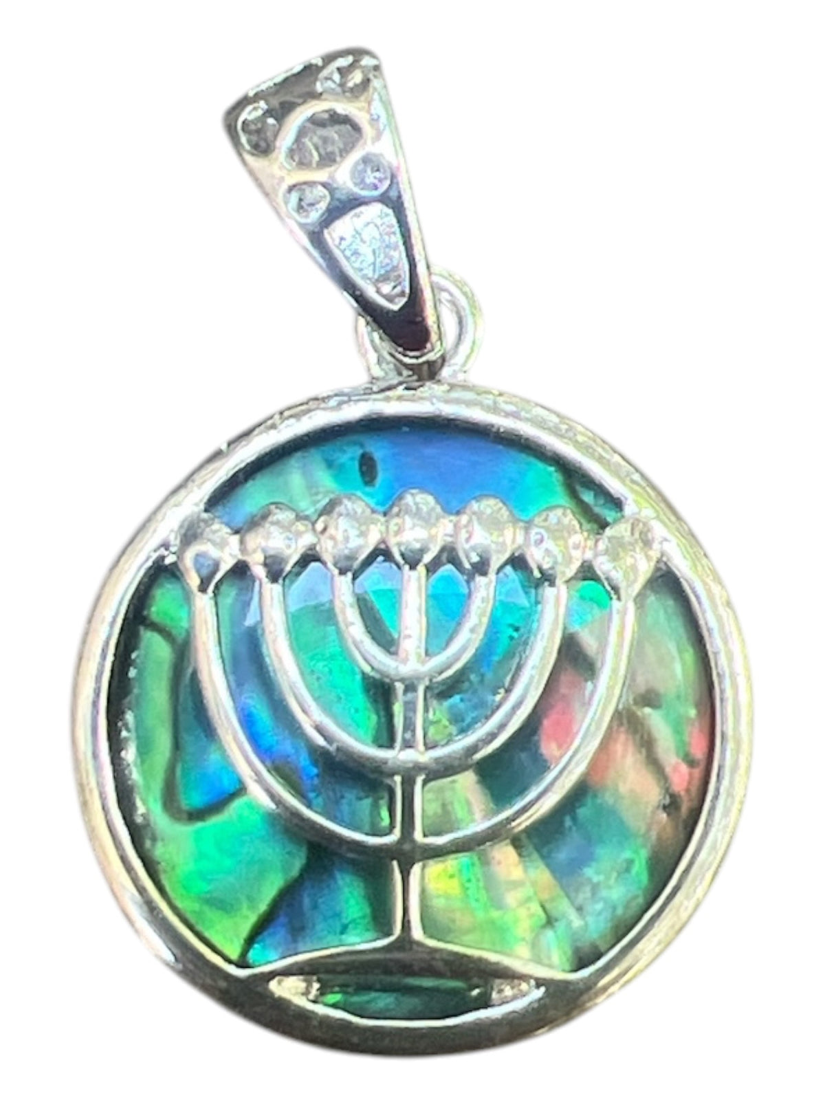 Silver Green Mother of Pearl Menorah Israel Pendant - Lion of Judah Market
