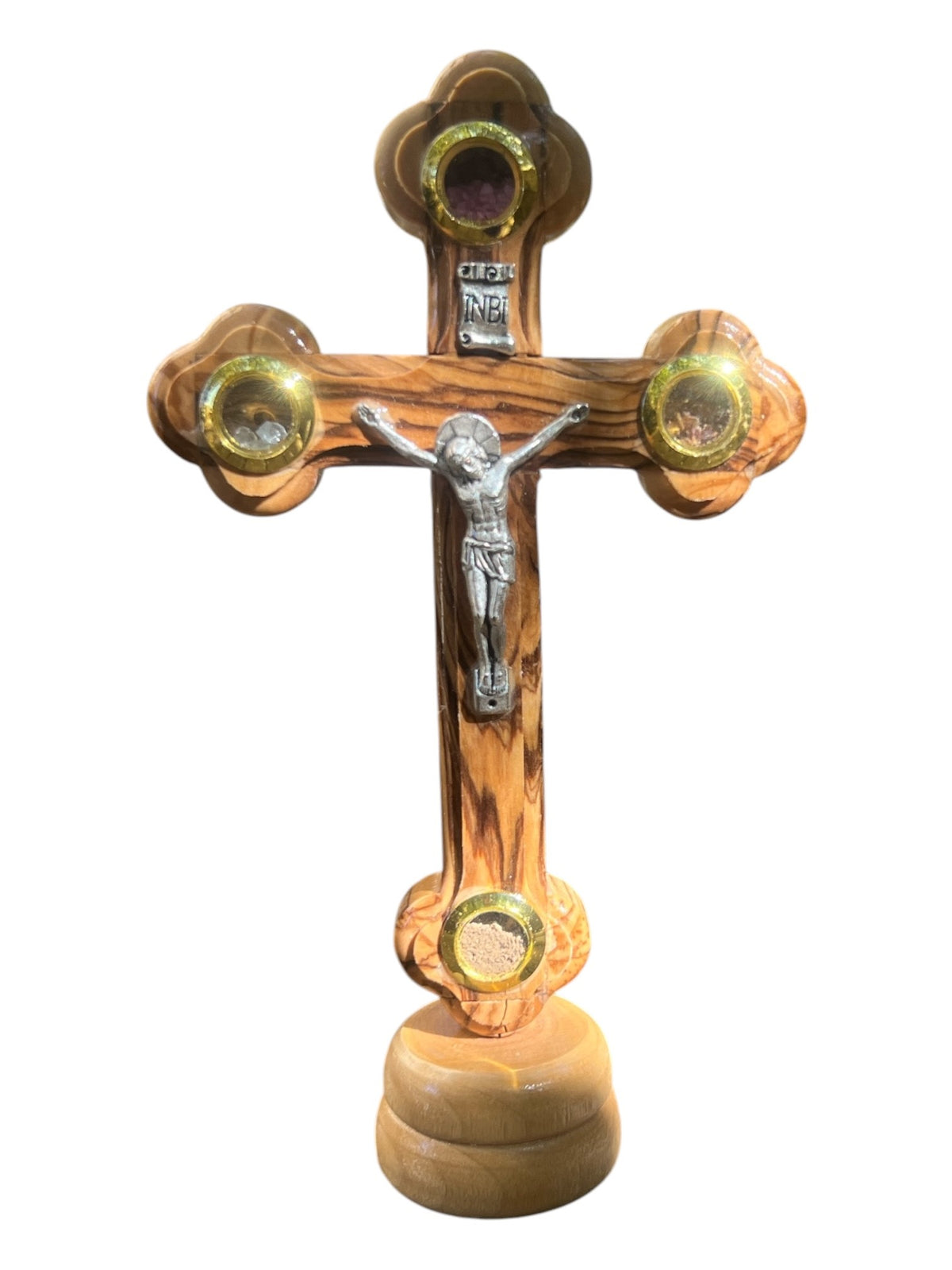 Olive Wood Crucifix Cross 5" adorned with olive leaves, frankincense, flowers and stones on Stand - Lion of Judah Market