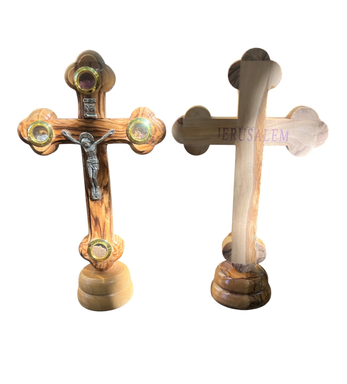 Olive Wood Crucifix Cross 5" adorned with olive leaves, frankincense, flowers and stones on Stand - Lion of Judah Market