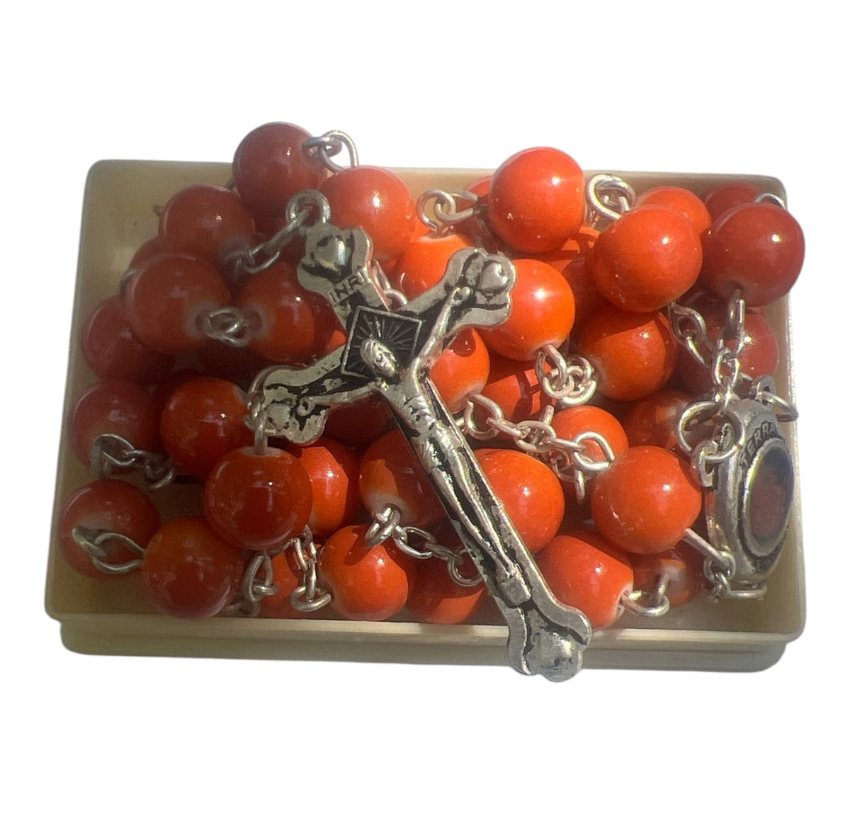 Round Stone Beads Catholic Jerusalem Soil Rosary - Orange Red - Lion of Judah Market