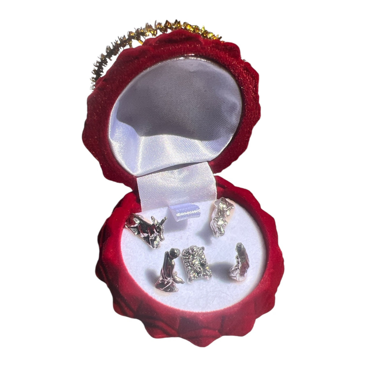 Miniature 5-Piece Silver Plated Nativity Set Figurines in Velvet Christmas Tree - red - Lion of Judah Market